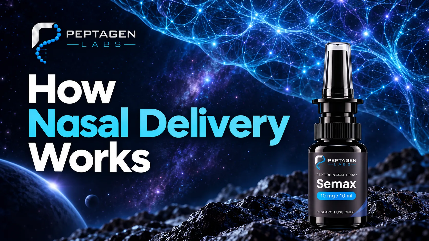 Branded nasal spray bottle staged in a conceptual delivery-research scene.